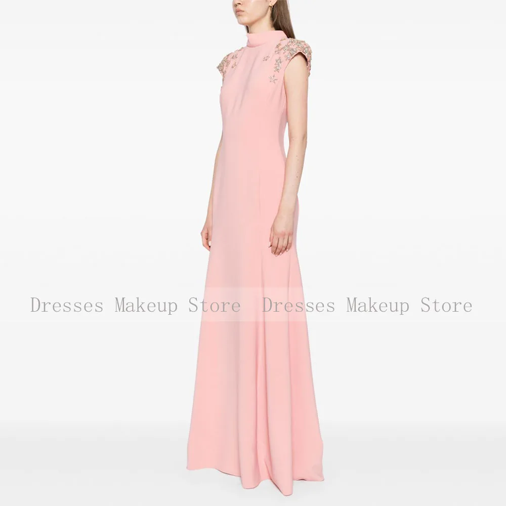 Elegant Wedding Guest Dresses Pink Mermaid Crystals Cap Sleeves Formal Party Gowns for Women High Collar Trumpet Evening Dress 3