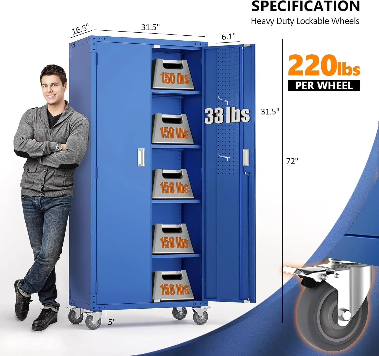 72'' Tall Metal Garage Storage Cabinet with Pegboards, Wheels, Locking Doors and Adjustable Shelves, File Cabinet/Tool Cabinet