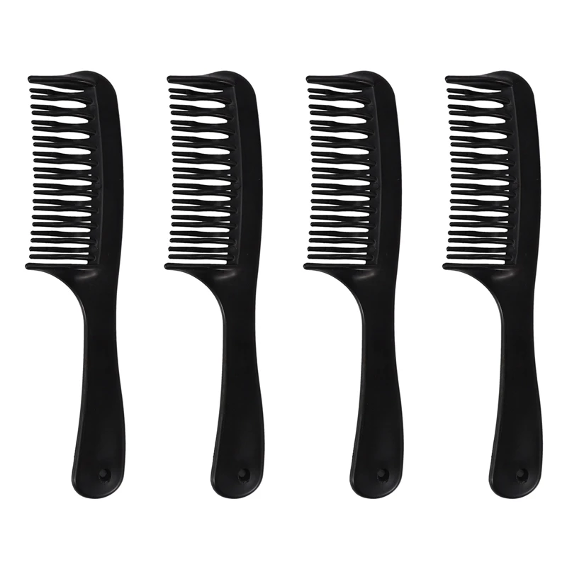 

4X Black Double Row Tooth Detangler Hair Comb Shampoo Comb With Handle For Long Curly Wet Hair