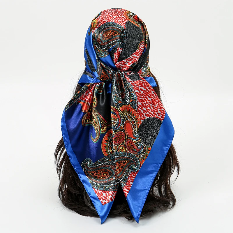 Luxus Marke Böhmen Druck Platz Silk Schal für Frauen Hijab Haar Bands 90 cm Halstuch Weibliche Satin Schal Bandana Stirnband – Detail 14
