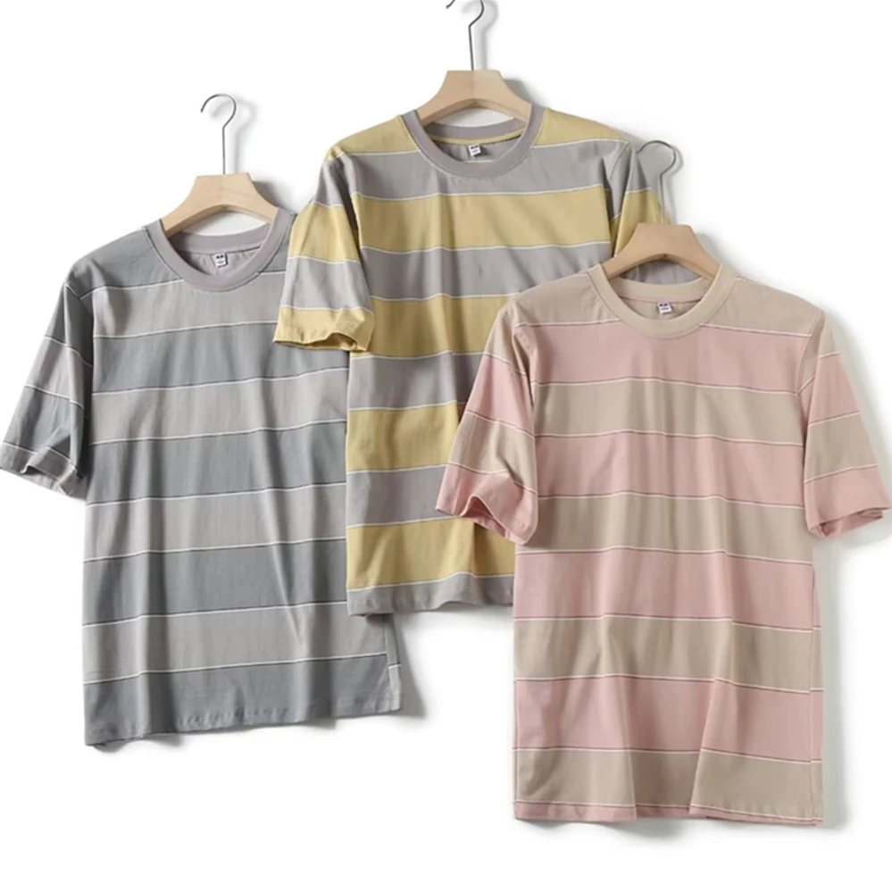 

Dave&Di Japanese Fashion Tshirt Simple Summer Cotton Round Neck Casual Basic Boyfriend Loose Wide Striped T-shirt Tops Couple
