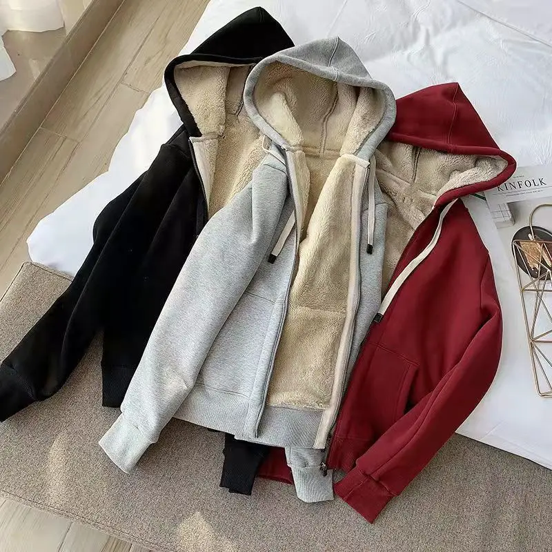 Autumn and Winter New Cashmere Hooded Sweater for Women Loose Thickened Warm Artificial Cashmere Women Cardigan Zipper Coat