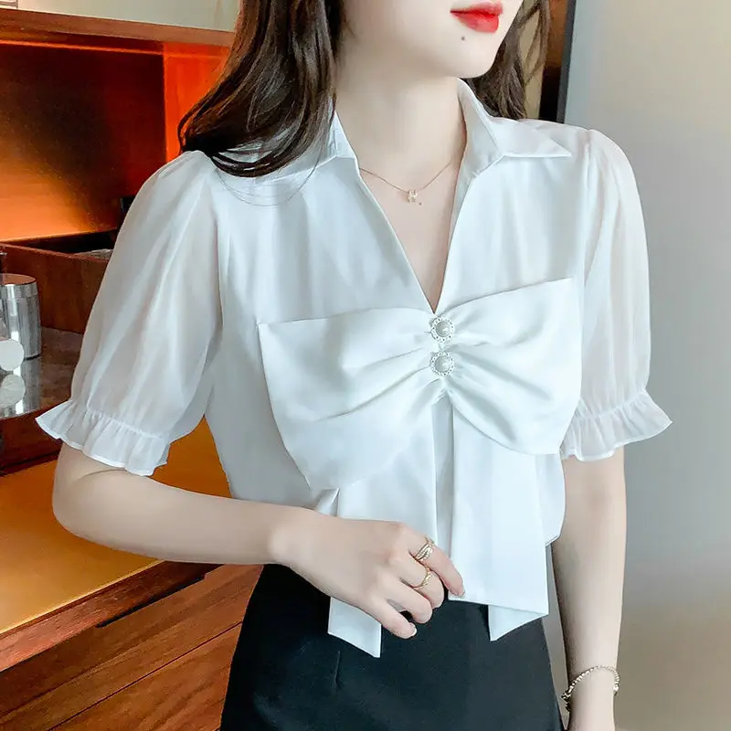 

Fashion V-Neck Bow Beading Puff Sleeve Shirt Plus Size Solid Color Commute Tops Summer Elegant Female Clothing Sweet Blouse