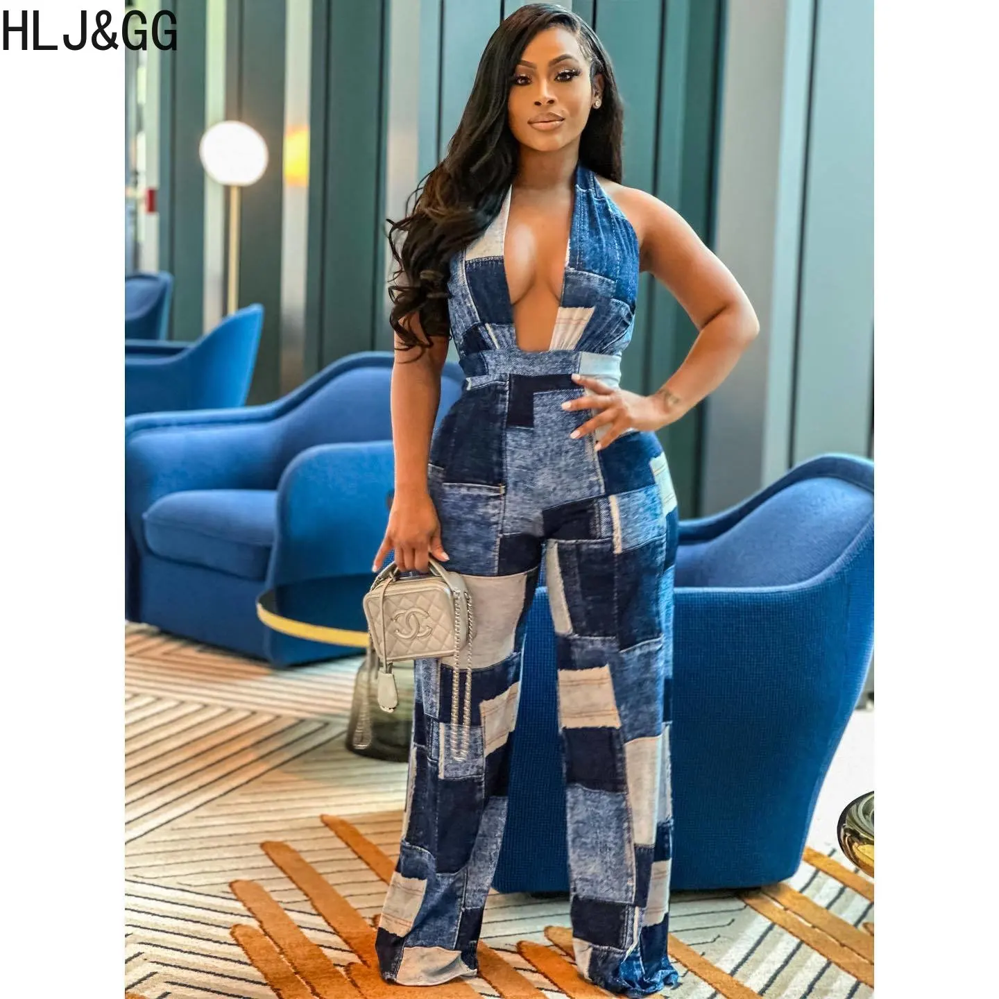 HLJ&GG Blue Sexy Denim Color Patchwork Jumpsuits Women Hollow Out Halter One Piece Playsuits Casual Plaid Printing Overalls 2023