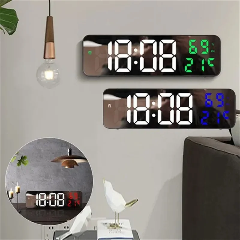 Wall Clock Led Wall Clock Large Screen Digital Mirror Adjustable Brightness Temp Humidity Date Display Alarm Clocks For Home Living Room