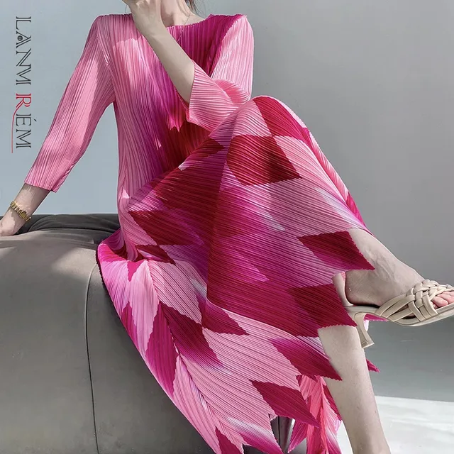 LANMREM Chic New Colorblock Spliced Gradient Print O-neck Pleated Women's Dress Elegant Elastic Slim Mid-Length Dresses 2DB3632