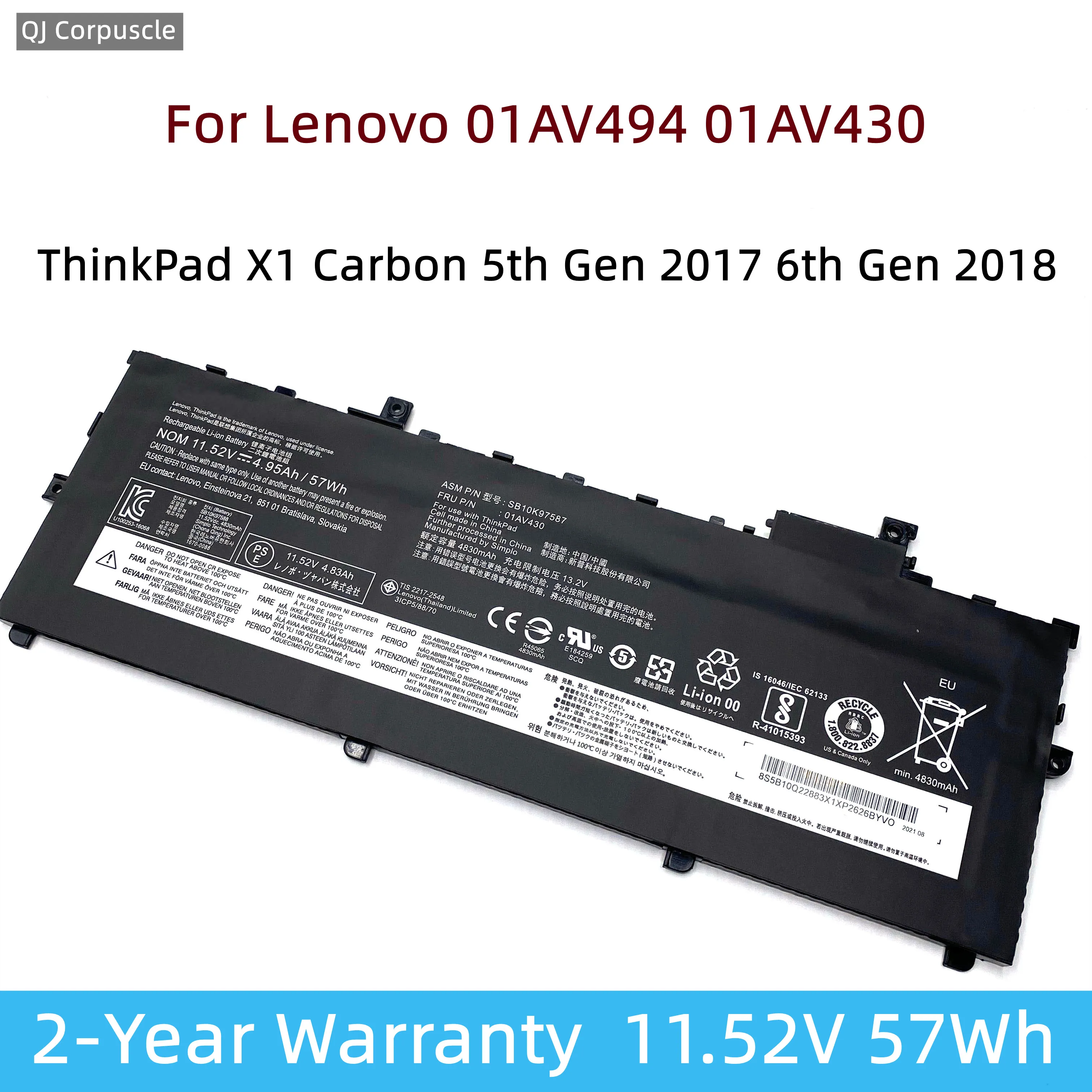 Bateria Original do Portátil para Lenovo Thinkpad x1 Carbono 5ª Geração 2023 6ª Geração 2023 Sb10k97586 Sb10k97587 Sb10k97588 01av494 01av430