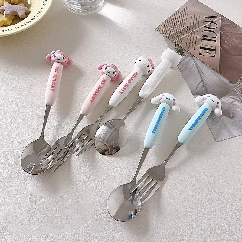 

Sanrio Kawaii Tableware Hello Kitty Cartoon Anime Cute Delicate Household Stainless Steel Children Two Piece Set of Tableware
