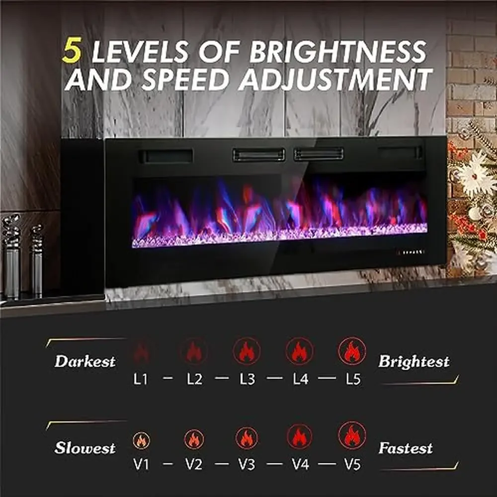 72" Electric Fireplace Remote Control Touch Screen Linear Heater Reversible Installation Adjustable Heat Levels Energy Efficient 5