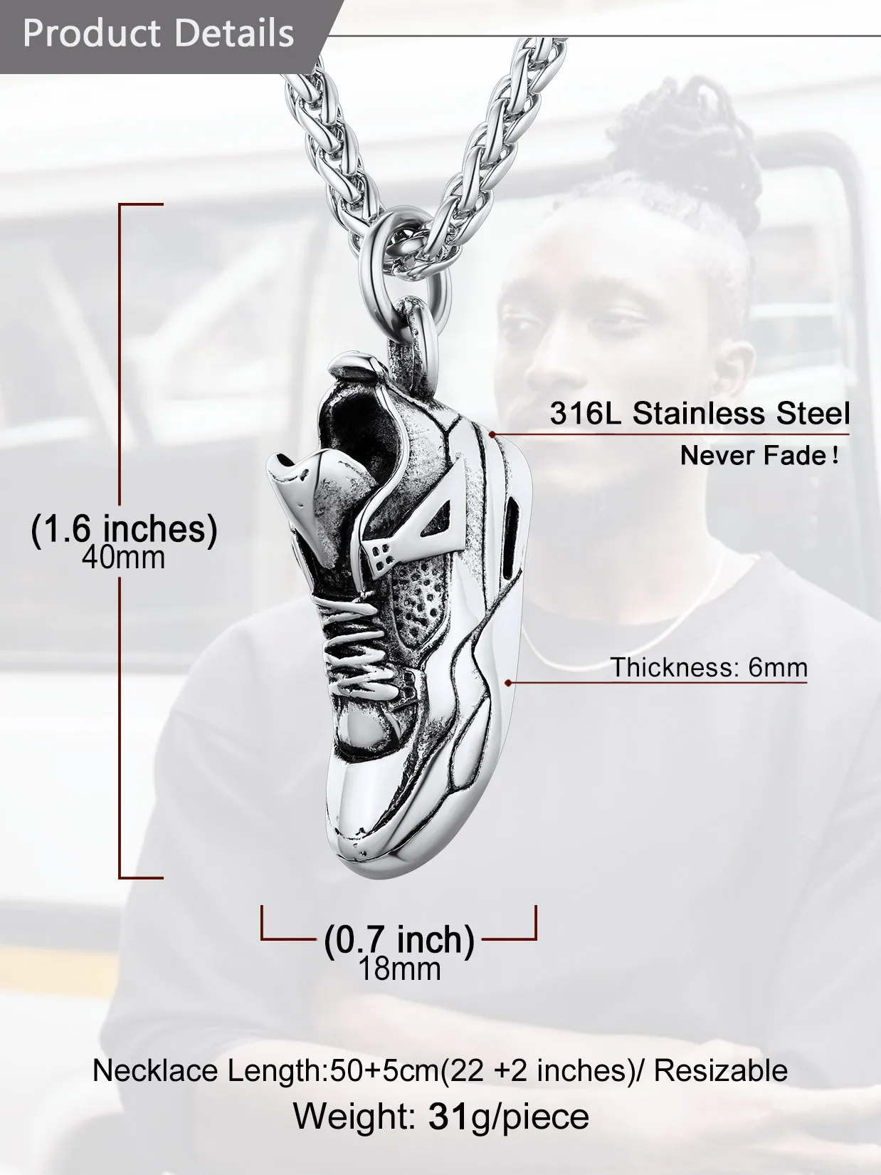 U7 Stainless Steel Sneaker Necklace for Man Black Gold Color Running Sport Shoe Charm Runner Sport Lover Steampunk Punk Jewelry