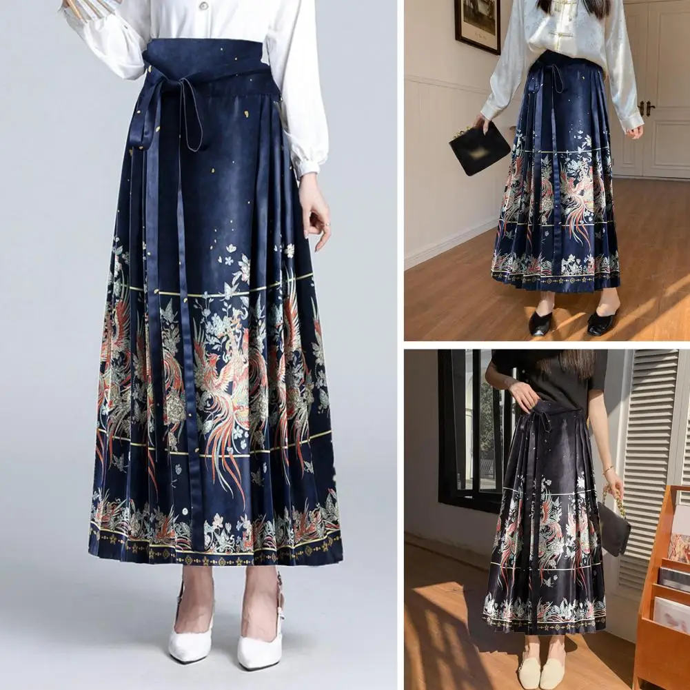 

National Style Skirt Elegant Vintage Chinese Style Women's Maxi Skirt with Phoenix Print High Waist Hanfu Pleated for Women