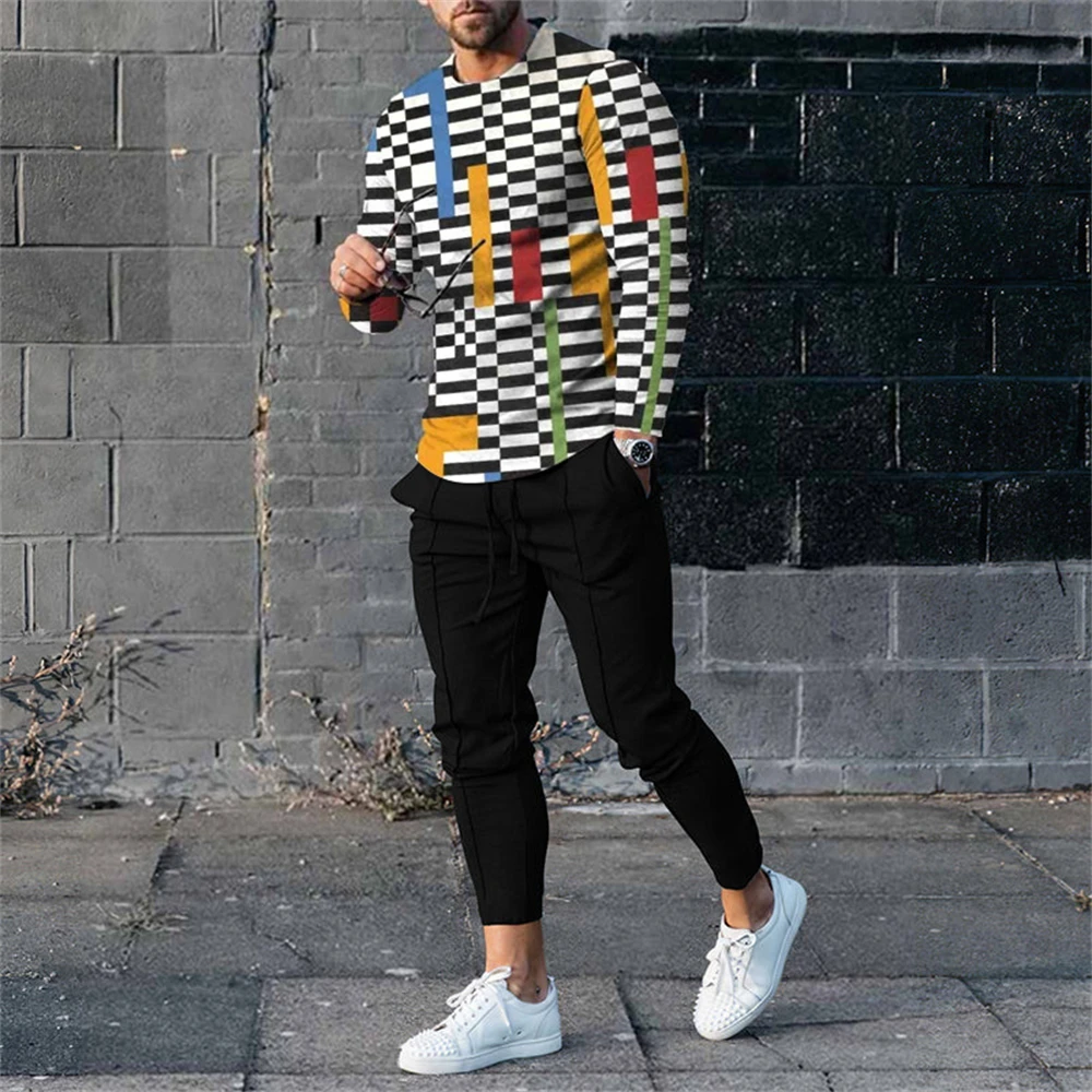 thumbnail image 1 of Conjuntos de dos piezas de moda de primavera y otoño para hombre, camisetas con estampados gráficos y pantalones ajustados, trajes para hombre, ropa informal, trajes de calle, 1 of 4