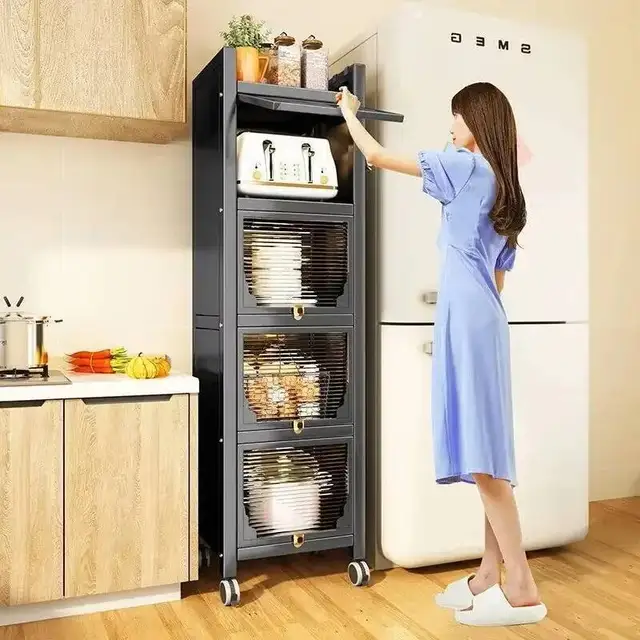 ตู้ครัวเหล็กคาร์บอน เฟอร์นิเจอร์ครัวในบ้าน ชั้นวางของแบบช่องแคบหลายชั้น ตู้เก็บภาชนะแบบมีประตู 1