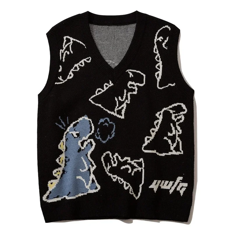 Dinosaur Monster Knitted Sweater Vest Men Women Harajuku Cartoon Anime Vintage V-neck Street Hip Hop Sleeveless Pullover Men