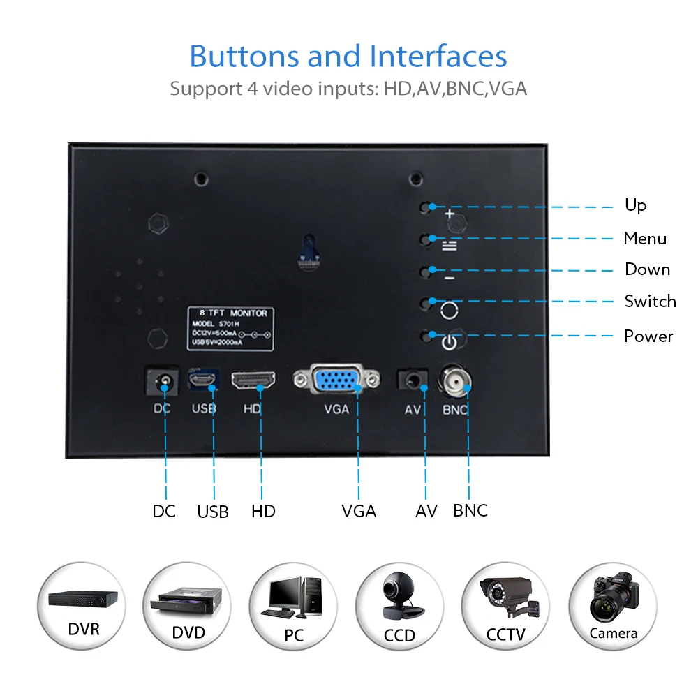 Eyoyo 8 Inch Mini LCD Monitor Second Screen 1024x768 Portable Display With VAG/AV/BNC/HDMI Input Used For CCTV Camera System