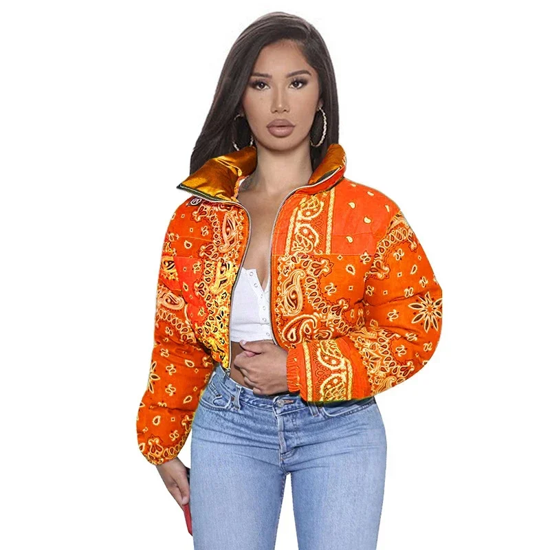 Women 2024 Winter Fashion Warm Parkas Casual Zipper Up Puffer Outerwear Bandana Coats Floral Printed Bubble Jackets for Female
