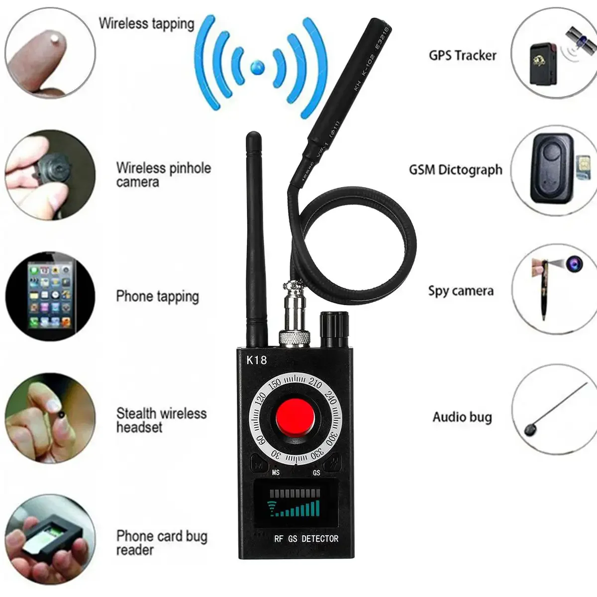 Security Protection K18 Camera Detector Multi-function GSM Audio Bug Mini Finder GPS RF Signal Spy Things Hacking Divice Detect