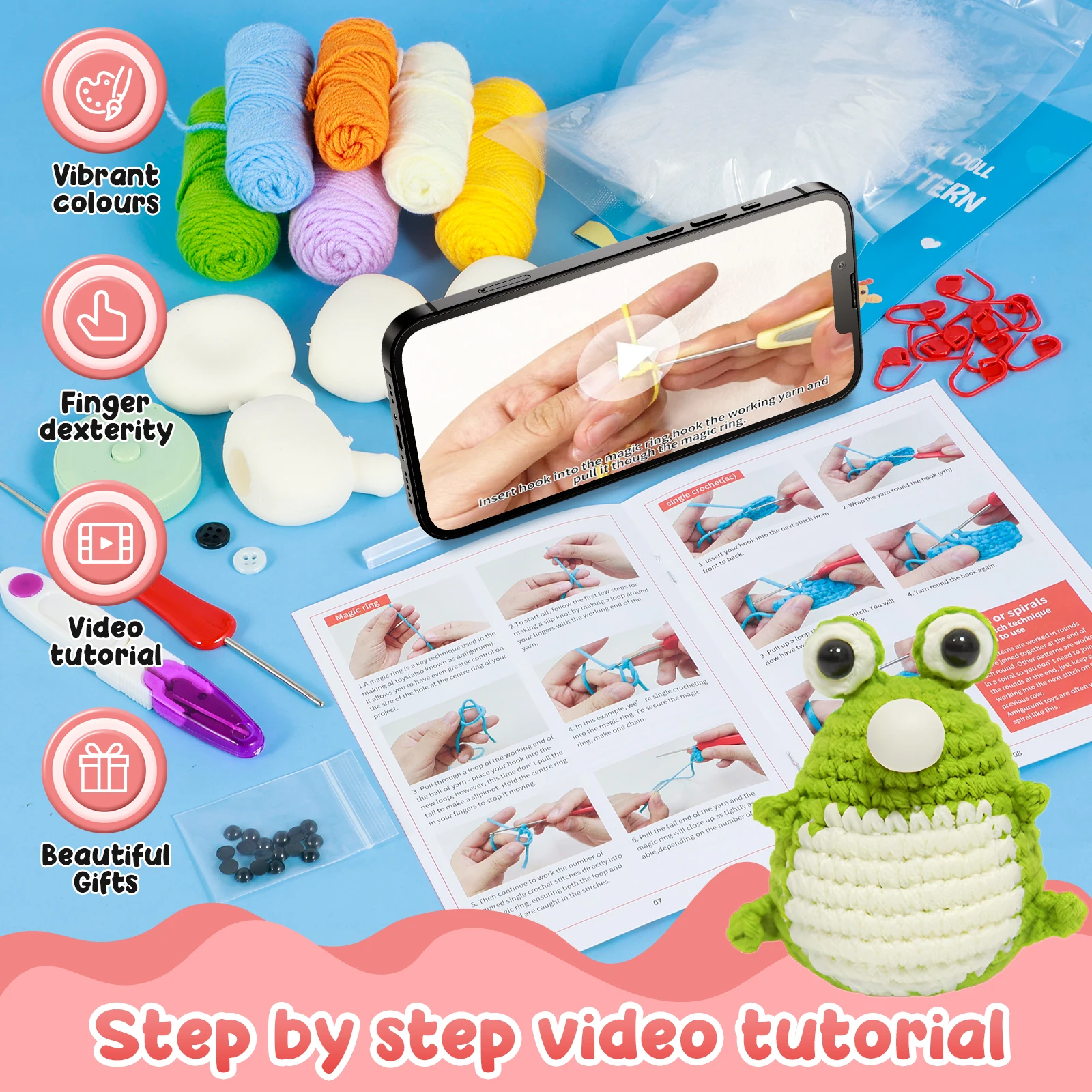 4Pcs Crochet Kit for Beginners Complete Animal Crochet Knitting Adorable Doll Chick Frog Octopus Starter Pack Craft Kit