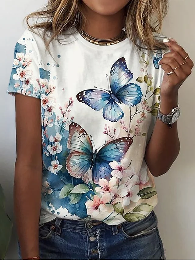 

Women's T Shirt Tee Butterfly Floral Print Short Sleeve Holiday Weekend Basic Round Neck Regular Butterfly Painting Harajuku Top