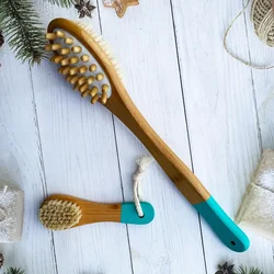 Cyan 2 In 1 Dry Massage Wet Exfoliating Handle Bamboo Bathbrush Back Scrub Body Brushes Double-sided Bath Brush Loofah Towel Set