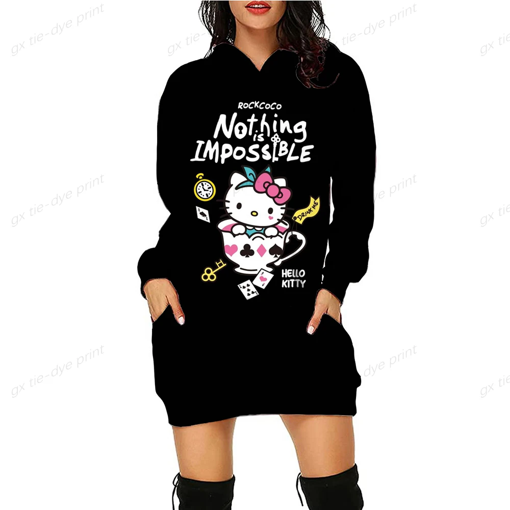 

HELLO KITTY Japanese Anime Funny Cartoon Hoodie Women Spirited HELLO KITTY Sweatshirt 90s Graphic Slim Fit Hoody Dress Female