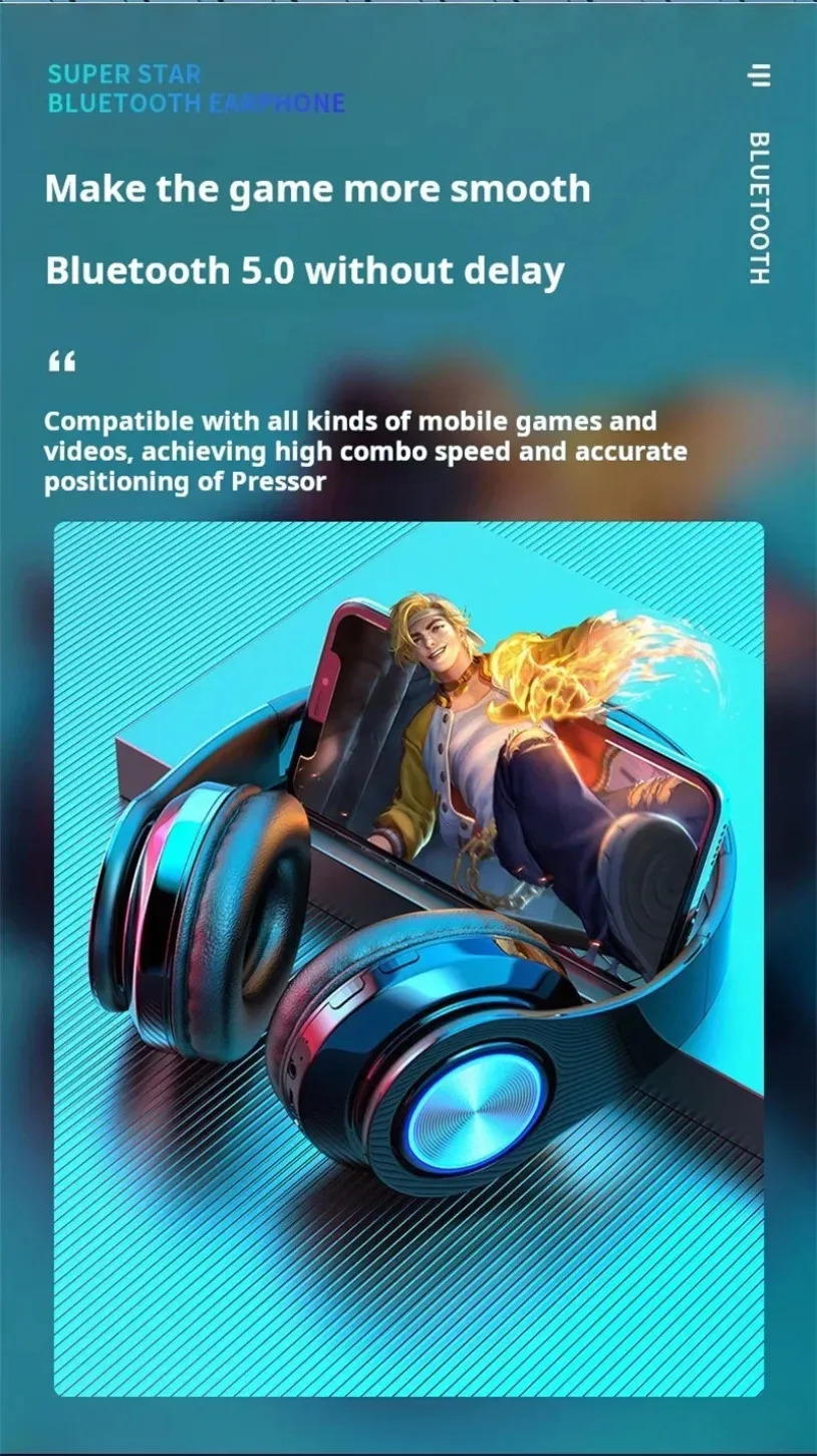 Surround Sound Stereo Wireless Earphone Head-Mounted Gaming Headphones Blutooth with Micro Phone Colourful PC Laptop Headset