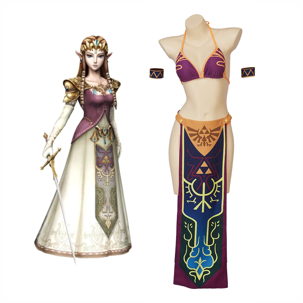 

Twilight Princess Cosplay Costume Swimsuit Bikini Panty Set with Wrap Skirt Swimwear Game Breath of the Wild Cosplay Beachwear