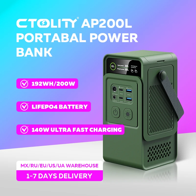 CTOLITY AP200 LED DC Solar 150W PC Portable Power Bank 192Wh 200W LiFePO4 3000+ Cycle PD3.1 140W Ultra Fast Charging 2