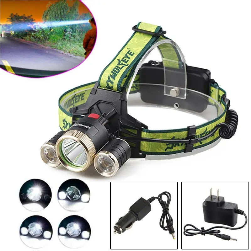 

XML T6 + 2x XPE 3 LED Headlamp Rechargeable Waterproof Headlight 3 Mode 1200LM Bright LED Head Lamp Torch Light with Car Charger