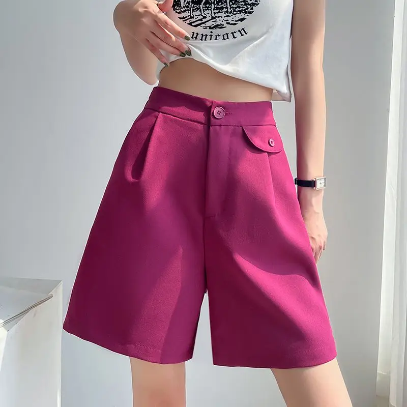 

Elegant Suits Shorts For Women 2022 Summer Elastic High Waist Loose Half Shorts Female Casual Wide Leg Short Pants 859