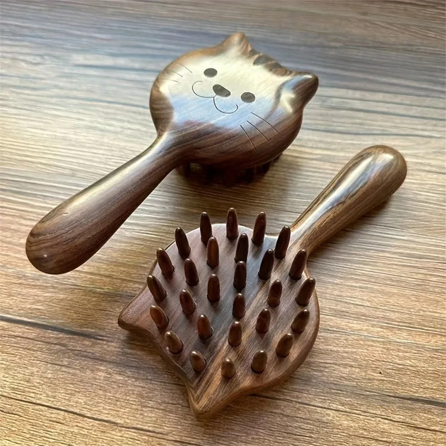 Charming Kitten Shape Solid Wood Massage Comb - Women's Air Cushion Scalp & Meridian Relief
