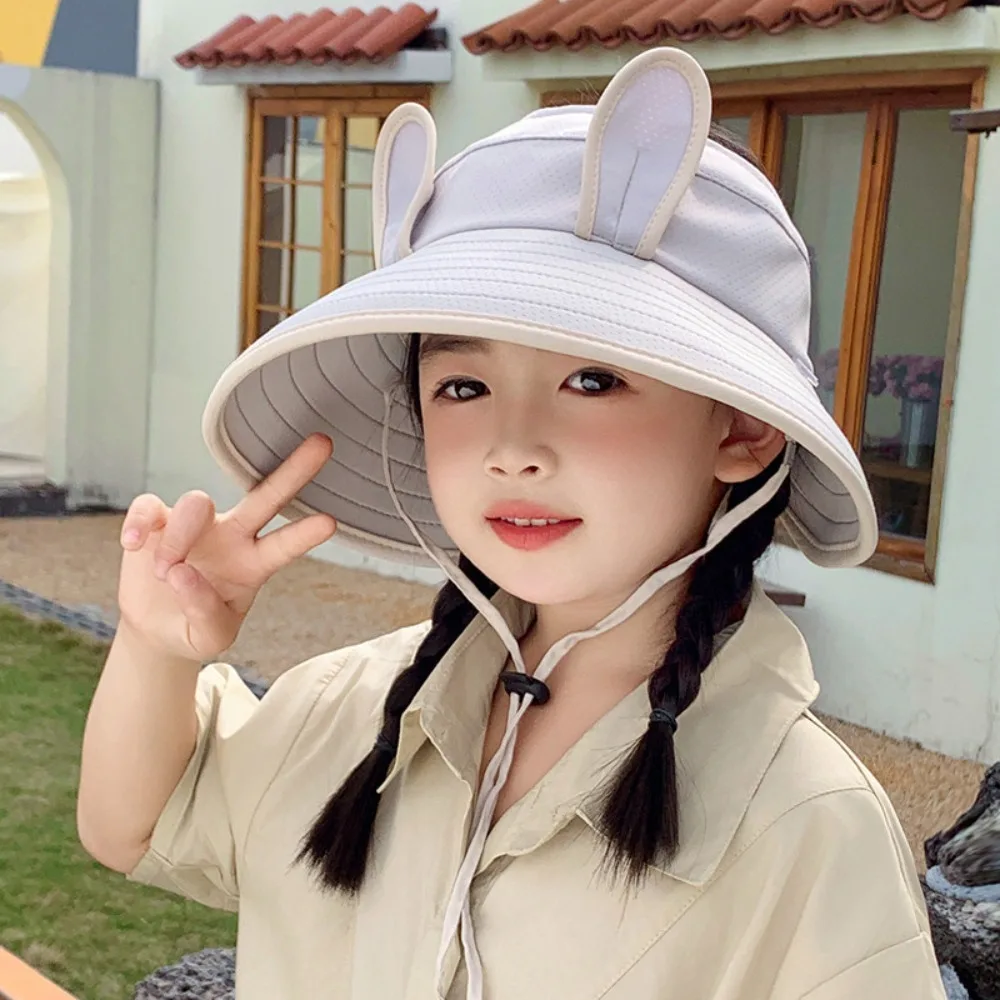 Korean Style Wide Brim Peaked Cap Adjustable Breathable Children Fishman Hat Cotton Streetwear Rabbit Ear Sunhat 2-4 Years Old