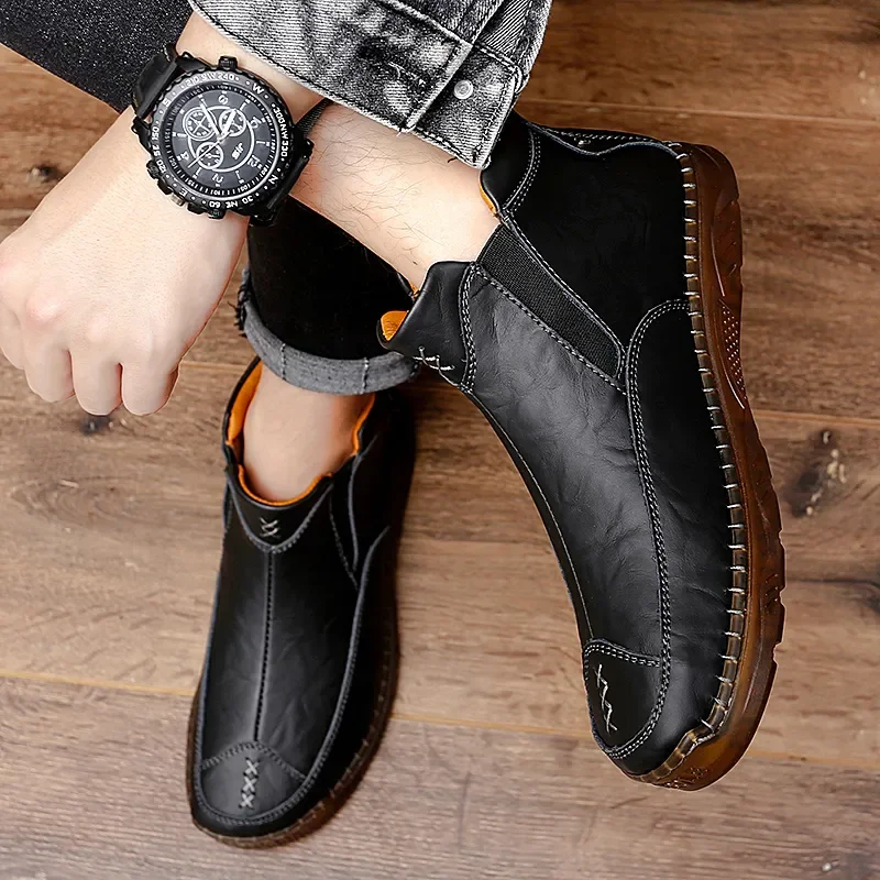 Autumn Winter Elegant Chelsea Boots Leather Men Shoes Round head Luxury designer Ankle boots Anti slip black Slip-on Big Size 47 chelsea boots