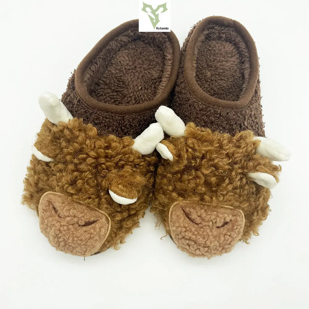 New Hot Highland Cow Slippers Plush Cattle Slippers Brown Cartoon Winter Warm Kawaii Animal Slides Shoes Adult Plushie Gift 5