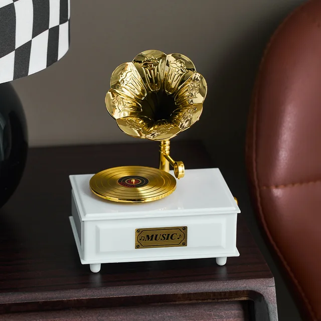 Rerto Otthoni Dekoráció Szüreti Fa Fém Fonográf Zenei Doboz Asztali Kreatív Kézi Forgattyú Zeneszám Dísz - Image 5