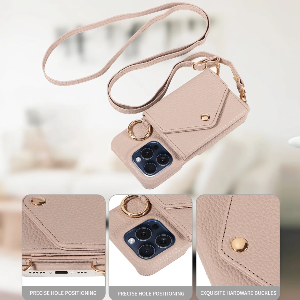 Elegant Leather Phone Case with Anti-Drop Protection, Long Lanyard, and Built-In Mirror