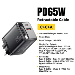 Enhanced GaN Fast Charger with Retractable Cable - 65W USB - C Power Adapter - UK Black Charger
