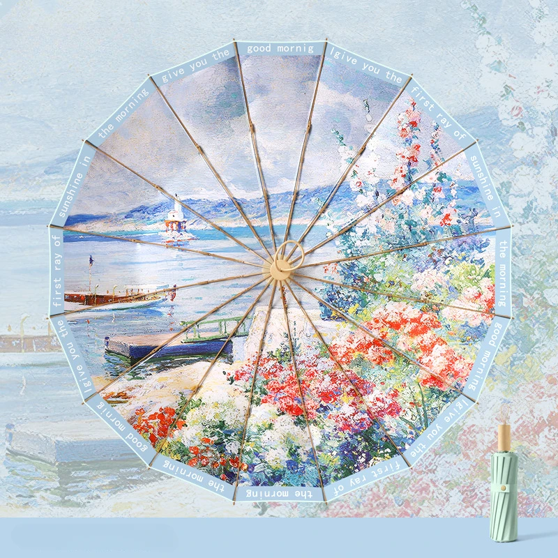 Color Coating 3 Folding Sunny and Rainy Umbrella for Women Oil Painting Sunscreen UV Protection Retro Umbrellas Sunshade Parasol