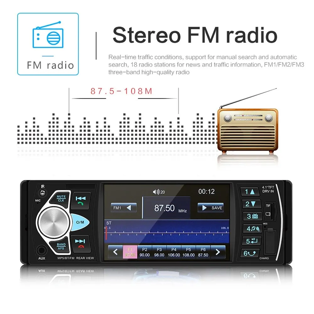 Car 4.1 inch High definition Large Screen Wireless Hands free Car MP5 Player Plug in Card U Disk Radio Mobile Phone Interconnect