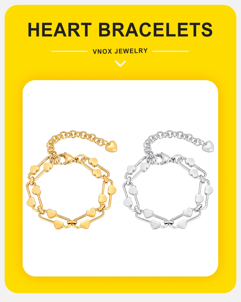 Vnox Handgefertigtes Kettenarmband für Frauen und Mädchen, zierliches Edelstahl-Herzglieder-Armband, Schmuck, Valentinstag-Geschenkkarte – Detail 2