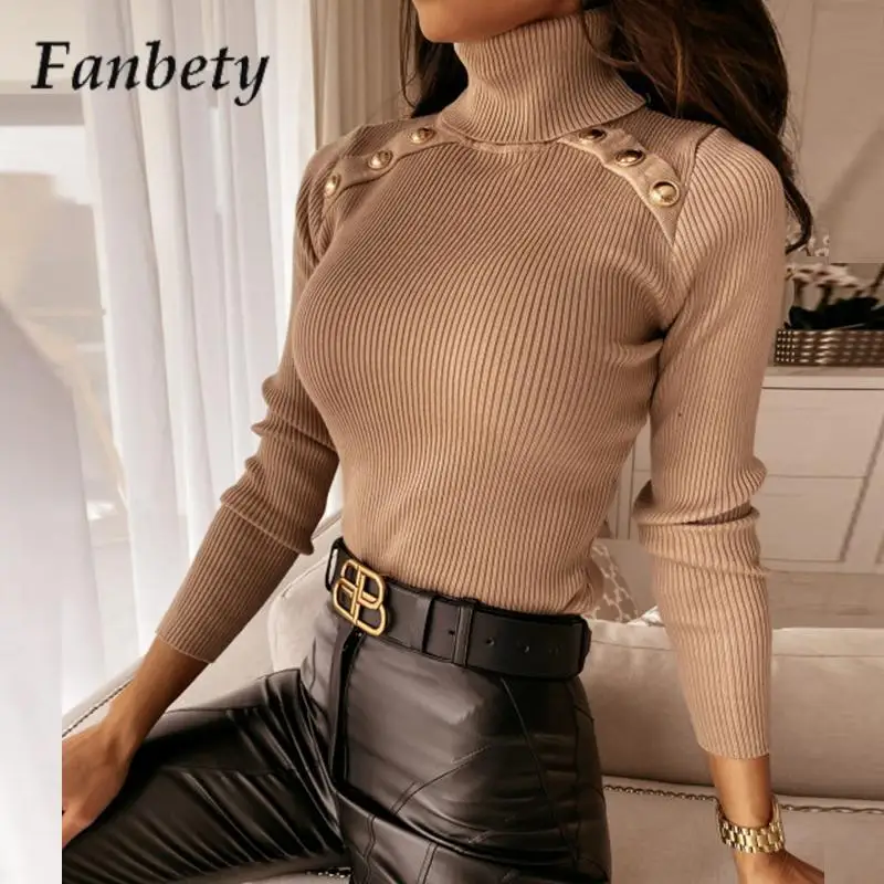 

Women Long-Sleeve Metal Button-Decorated Commuter Blouse Fashion Slim-Fit Pullover Winter Turtleneck Solid Ribbed Knitted Top