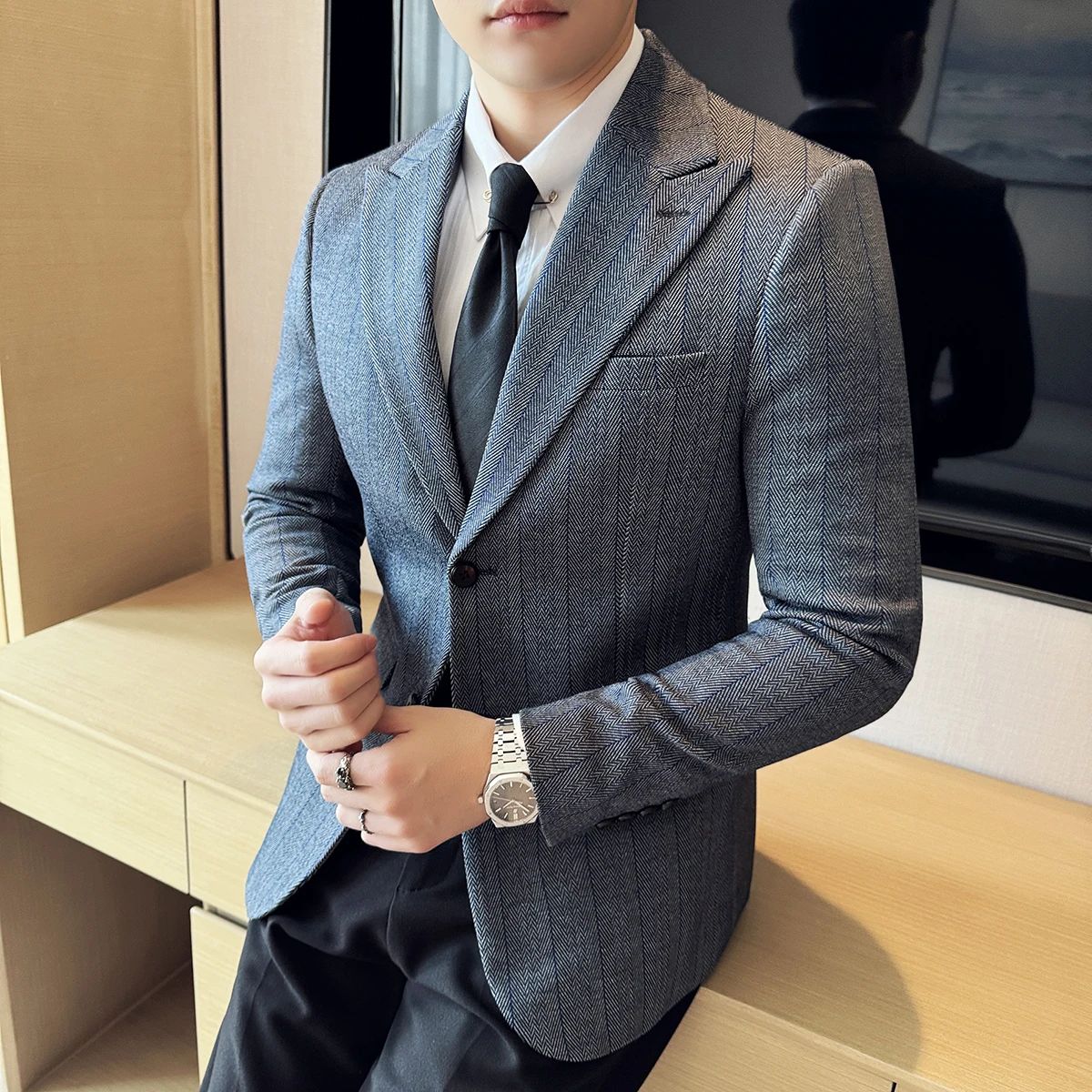 Men's British Style Vintage Stripe Slim Blazer Autumn Business Office