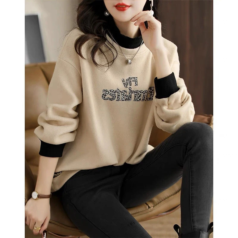 Autumn Winter Fake Two Pieces Patchwork Thick Sweatshirt Female Loose Casual High Collar Pullovers Women Fashion All-match Top