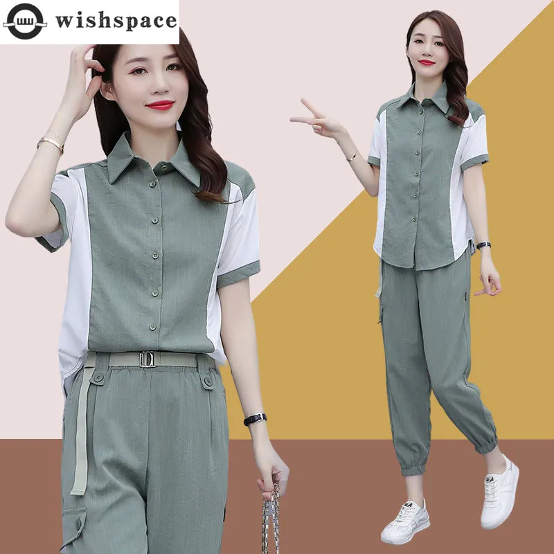 Korean Popular Summer New Elegant Women's Pants Set Fashion Stitching Chiffon Shirt Top Belt Decorative Overalls Two-piece Set