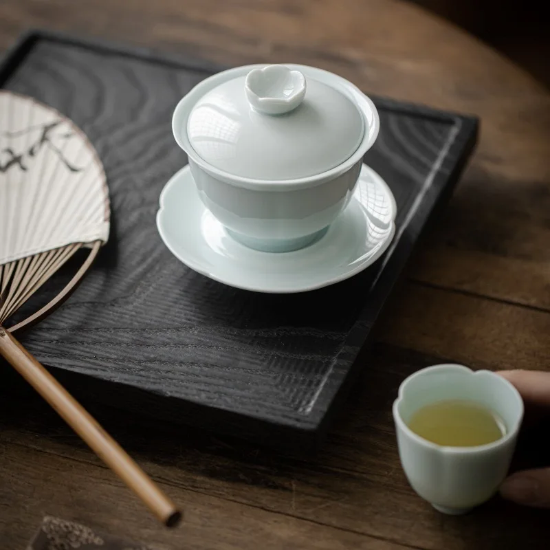 Lotus Green Porcelain Gaiwan Set Large White Celadon Tea Bowl Kung Fu Tea Set Traditional Cup and Saucer 150ml