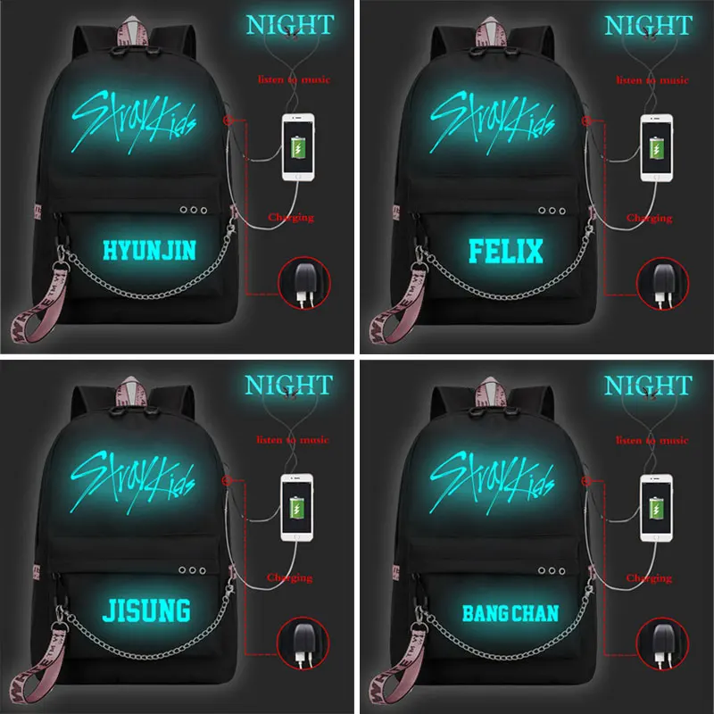 

Stray Kids Backpack Luminous School Bag Girls boys College Bags Laptop Bookbag Women men Usb Charge Bagpack Travel Rucksack gift