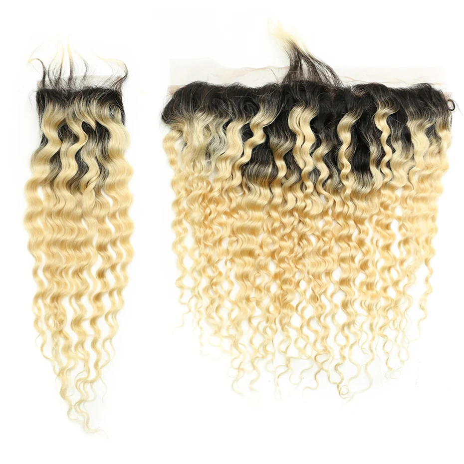 1B 613 Ombre Blonde Deep Wave Curly 4x4 Lace Closure with Baby Hair Brazilian Remy Human Hair 13x4 Swiss Lace Frontal Preplucked