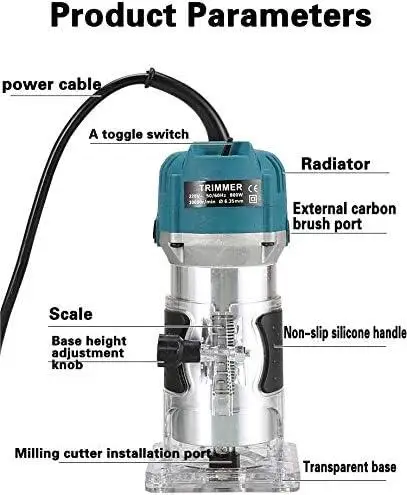 800-W-Holzfräsmaschine mit präziser Tiefenregelung, 1/4 Zoll 30000 U/min elektrischer Trimmer zum Schnitzen, Nuten und Fräsen – Detail 6