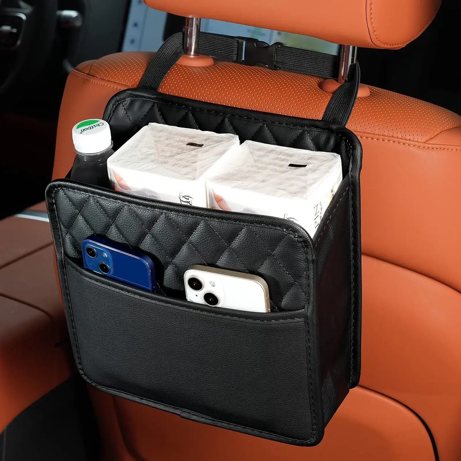 Leather Multi-functional Car Seat Back Storage Bag Garbage Can Organizer for Vehicle Most Models Compatible