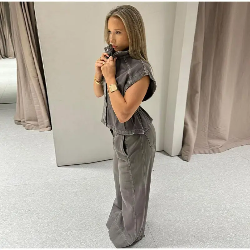 Damen Denim Zweiteiler Set Ärmellose Knopfleisten-Crop-Weste Hochgeschnittene Weite Hose Lässiges Tägliches Streetwear Mode-Outfit – Detail 8